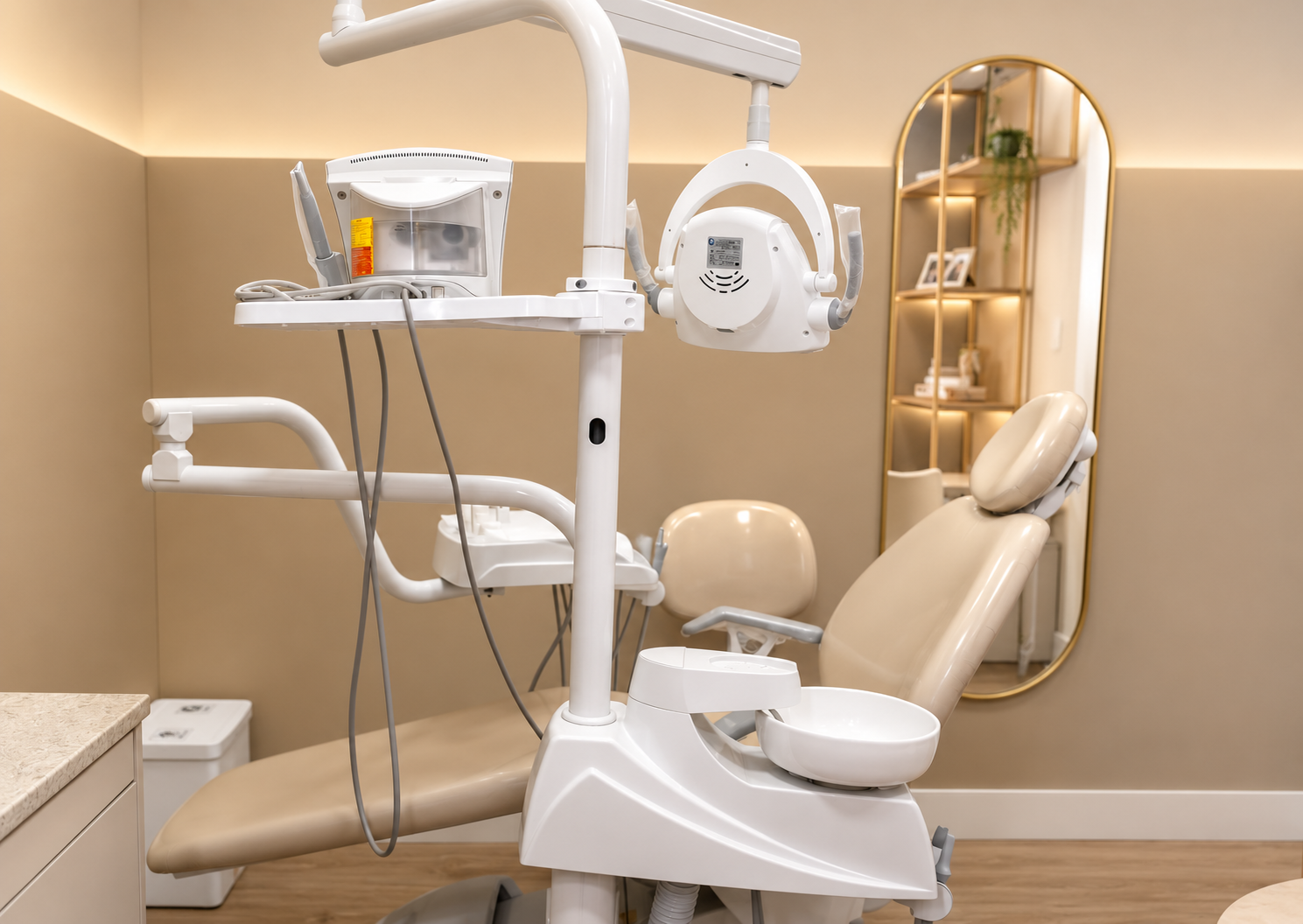 Sala de atendimento do consultório, com iluminação suave e acabamento em madeira