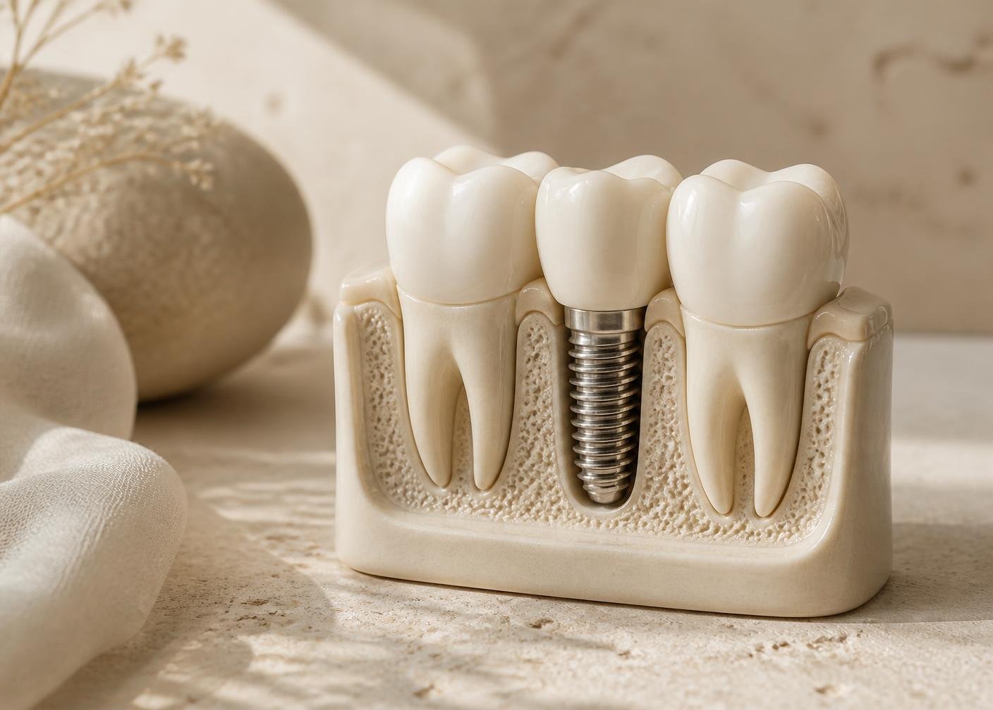 Modelo didático de implante dentário sobre superfície em tom bege